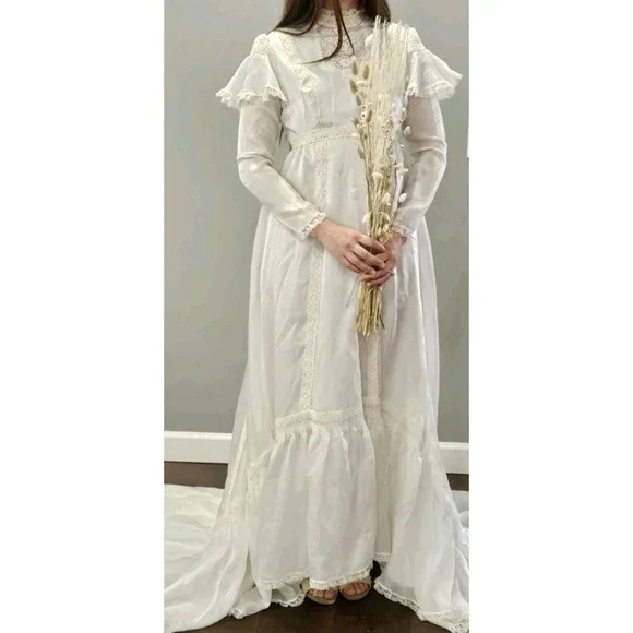 Vintage 70s Cream Prairie Dress Victorian Peasant Cottage Lace Boho Wedding Gown - Picture 2 of 16